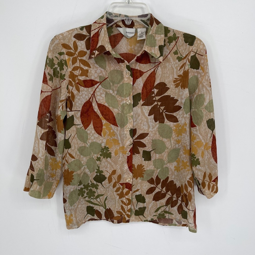 Alfred Dunner Women's Y2K Multicolor Leaf Print Crinkle Button Front Top Size 6P
